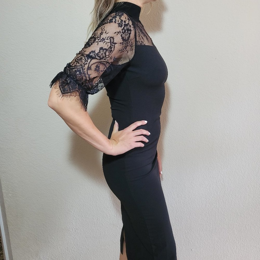 Shein Black Midi Dress Small Half Sleeve Lace Pencil Straight Mock Neck - Picture 2 of 6
